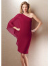 One Shoulder Burgundy Chiffon Midi Mother Dress 